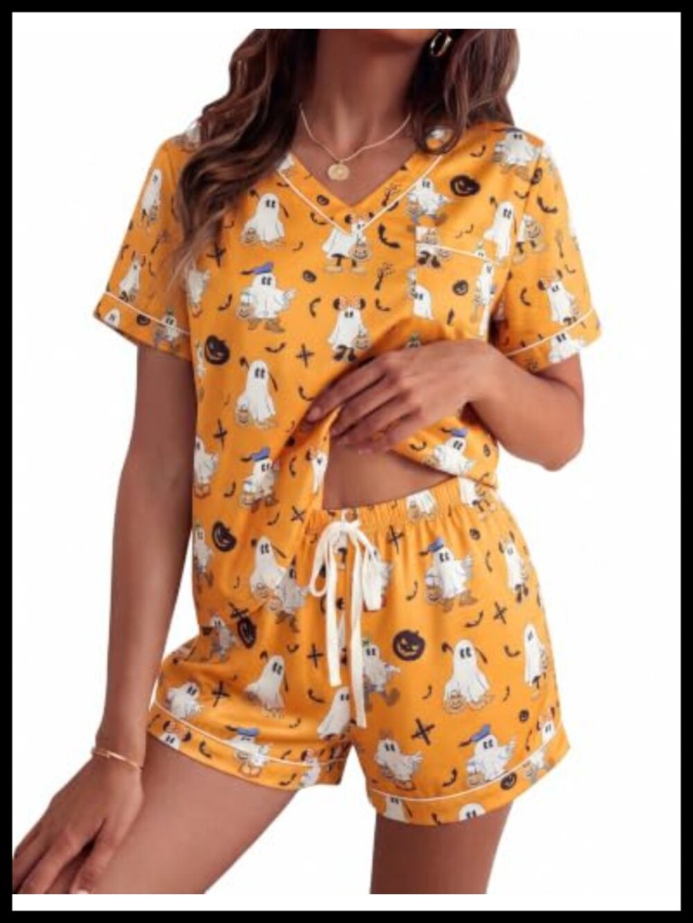 Silk Satin Halloween Pajama Set Ghost V-Neck Short Sleeve Sleepwear